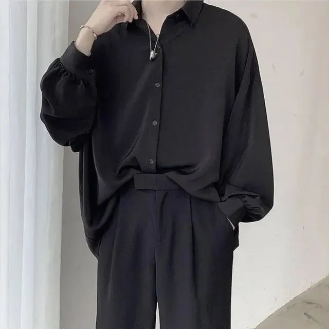 Aidase Black Long-sleeved Shirts Men Korean Comfortable Blouses Casual Loose Single Breasted Shirt With Tie