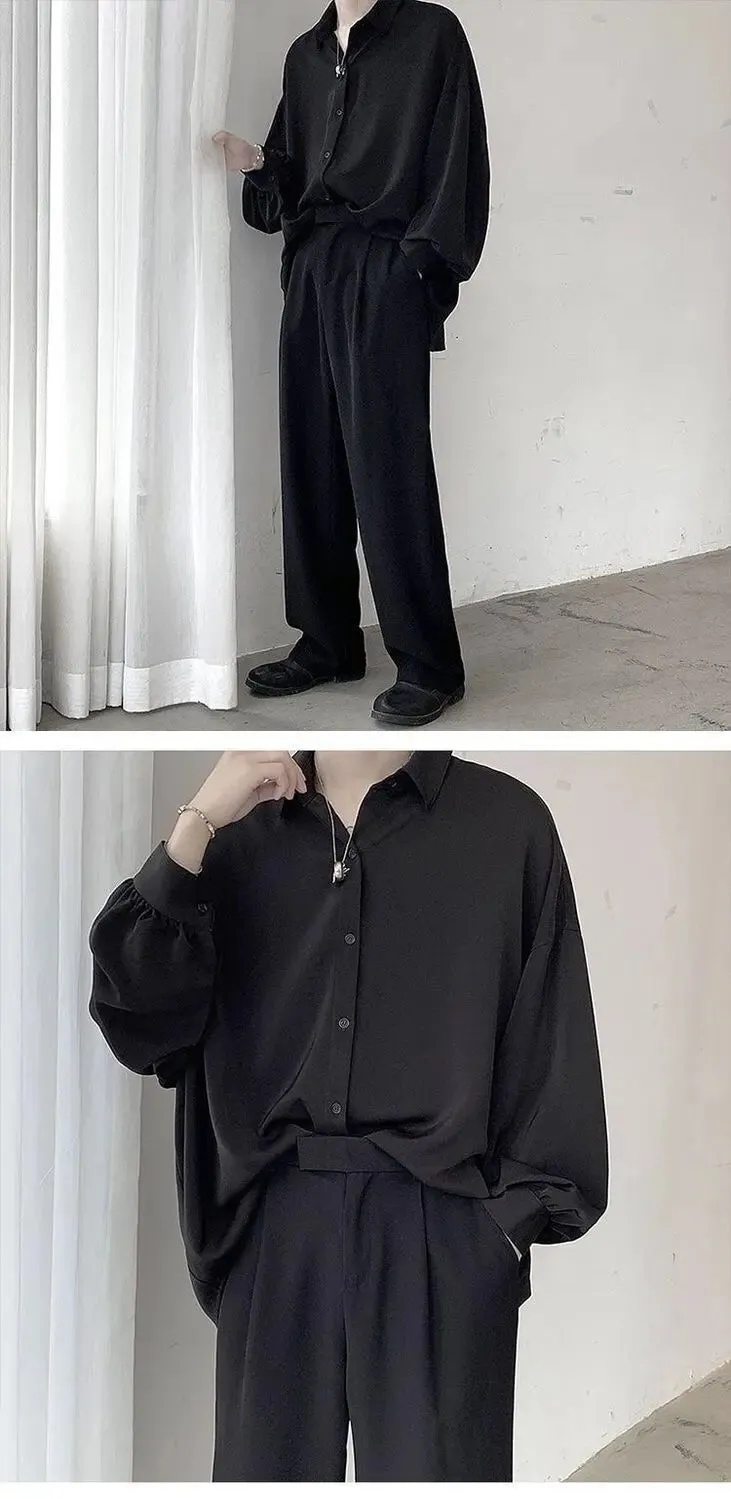 Aidase Black Long-sleeved Shirts Men Korean Comfortable Blouses Casual Loose Single Breasted Shirt With Tie
