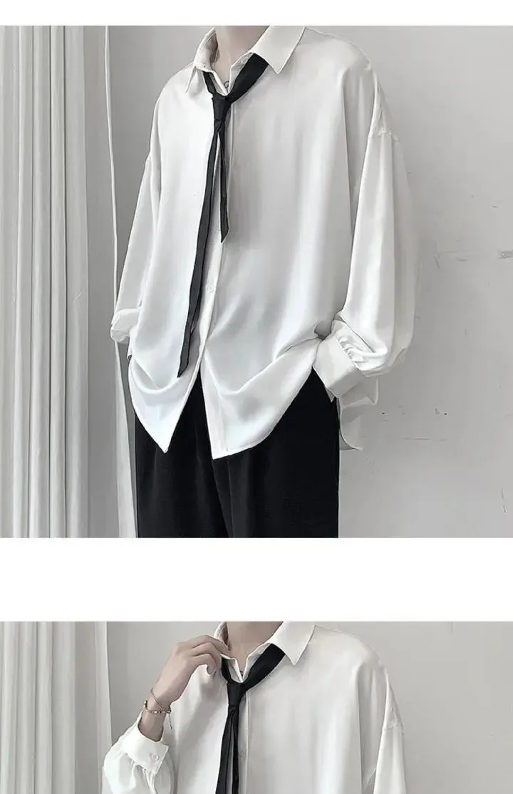 Aidase Black Long-sleeved Shirts Men Korean Comfortable Blouses Casual Loose Single Breasted Shirt With Tie