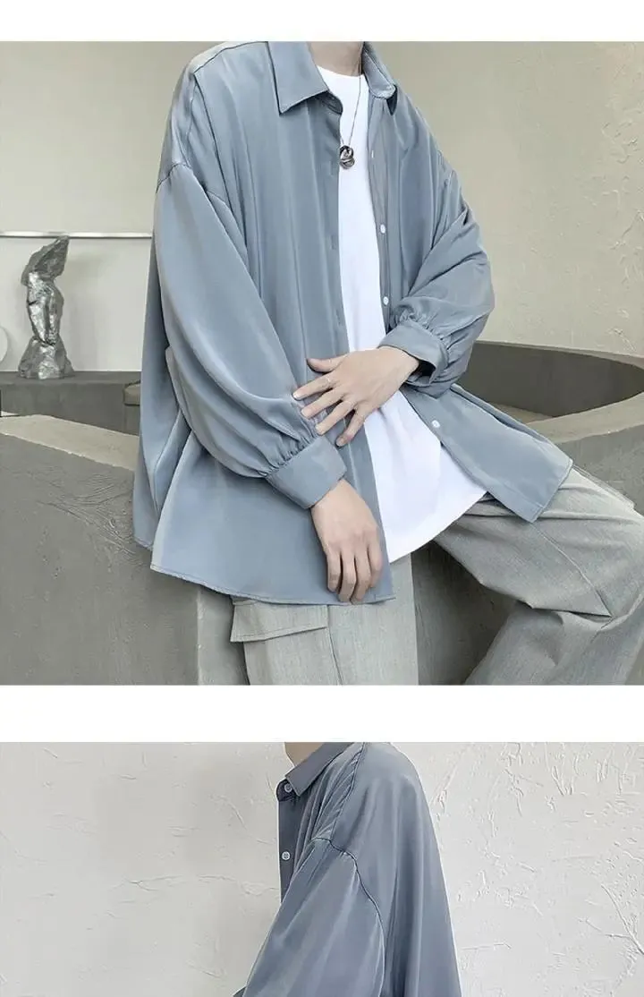 Aidase Black Long-sleeved Shirts Men Korean Comfortable Blouses Casual Loose Single Breasted Shirt With Tie
