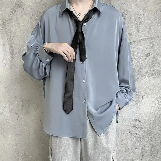 Aidase Black Long-sleeved Shirts Men Korean Comfortable Blouses Casual Loose Single Breasted Shirt With Tie