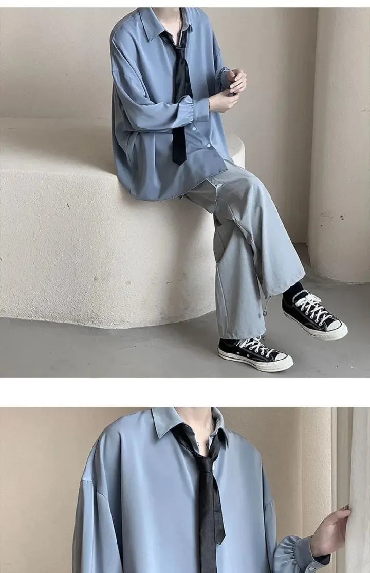 Aidase Black Long-sleeved Shirts Men Korean Comfortable Blouses Casual Loose Single Breasted Shirt With Tie