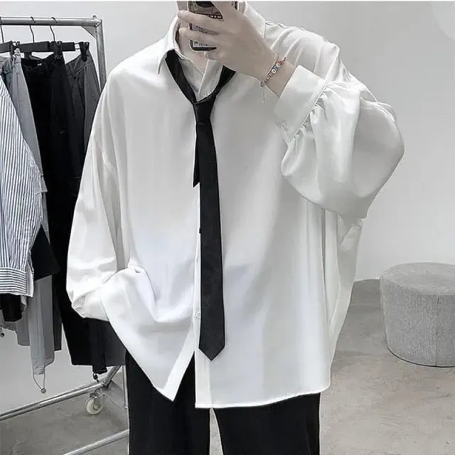 Aidase Black Long-sleeved Shirts Men Korean Comfortable Blouses Casual Loose Single Breasted Shirt With Tie