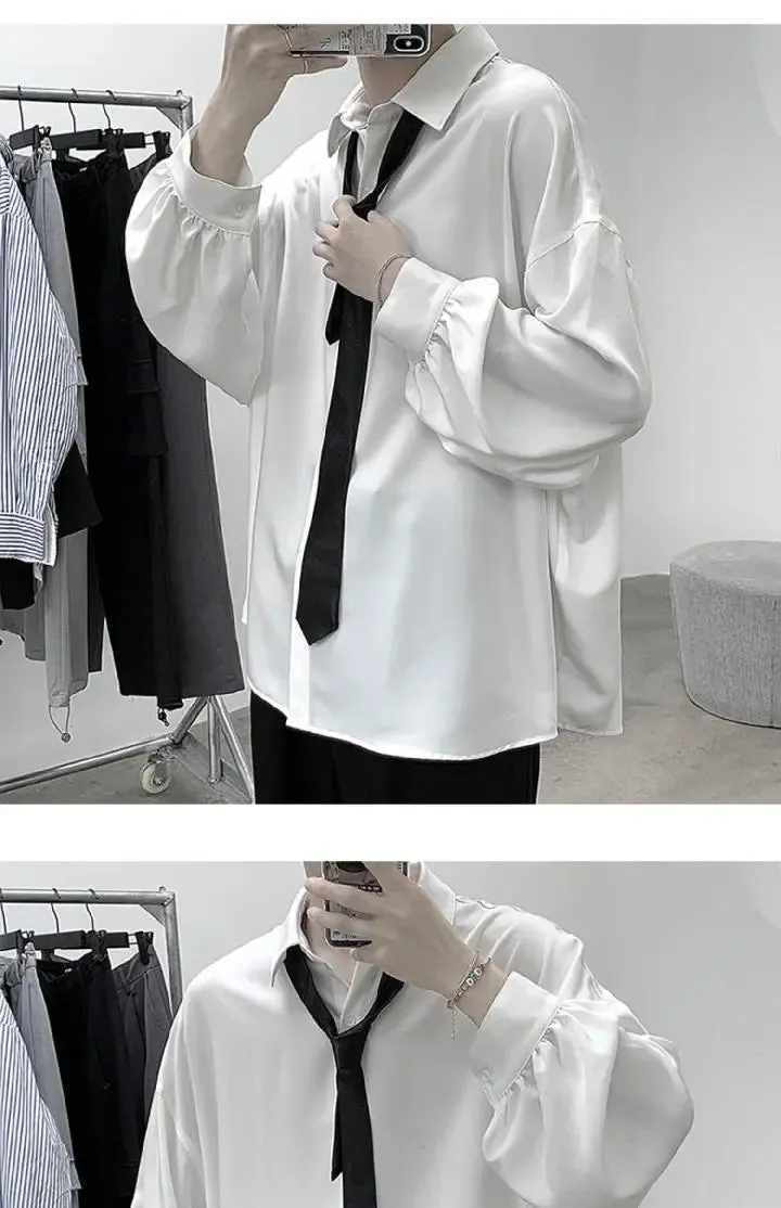 Aidase Black Long-sleeved Shirts Men Korean Comfortable Blouses Casual Loose Single Breasted Shirt With Tie