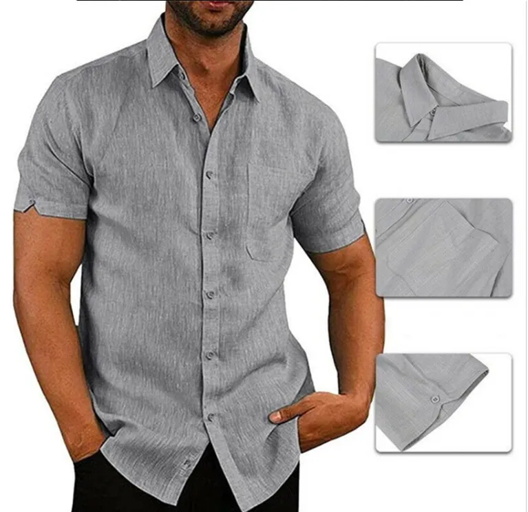 Aidase Mens LAidase Mens Linen Blouse Short Sleeve Baggy Buttons Summer Solid Comfortable Pure And Linen Casual Loose Holiday Shirts Tee Tops