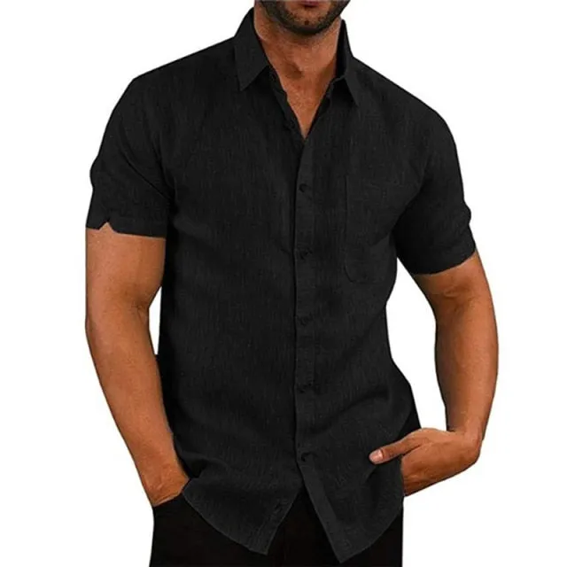 Aidase Mens LAidase Mens Linen Blouse Short Sleeve Baggy Buttons Summer Solid Comfortable Pure And Linen Casual Loose Holiday Shirts Tee Tops