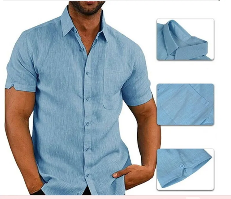 Aidase Mens LAidase Mens Linen Blouse Short Sleeve Baggy Buttons Summer Solid Comfortable Pure And Linen Casual Loose Holiday Shirts Tee Tops