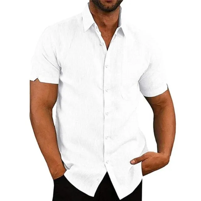 Aidase Mens LAidase Mens Linen Blouse Short Sleeve Baggy Buttons Summer Solid Comfortable Pure And Linen Casual Loose Holiday Shirts Tee Tops