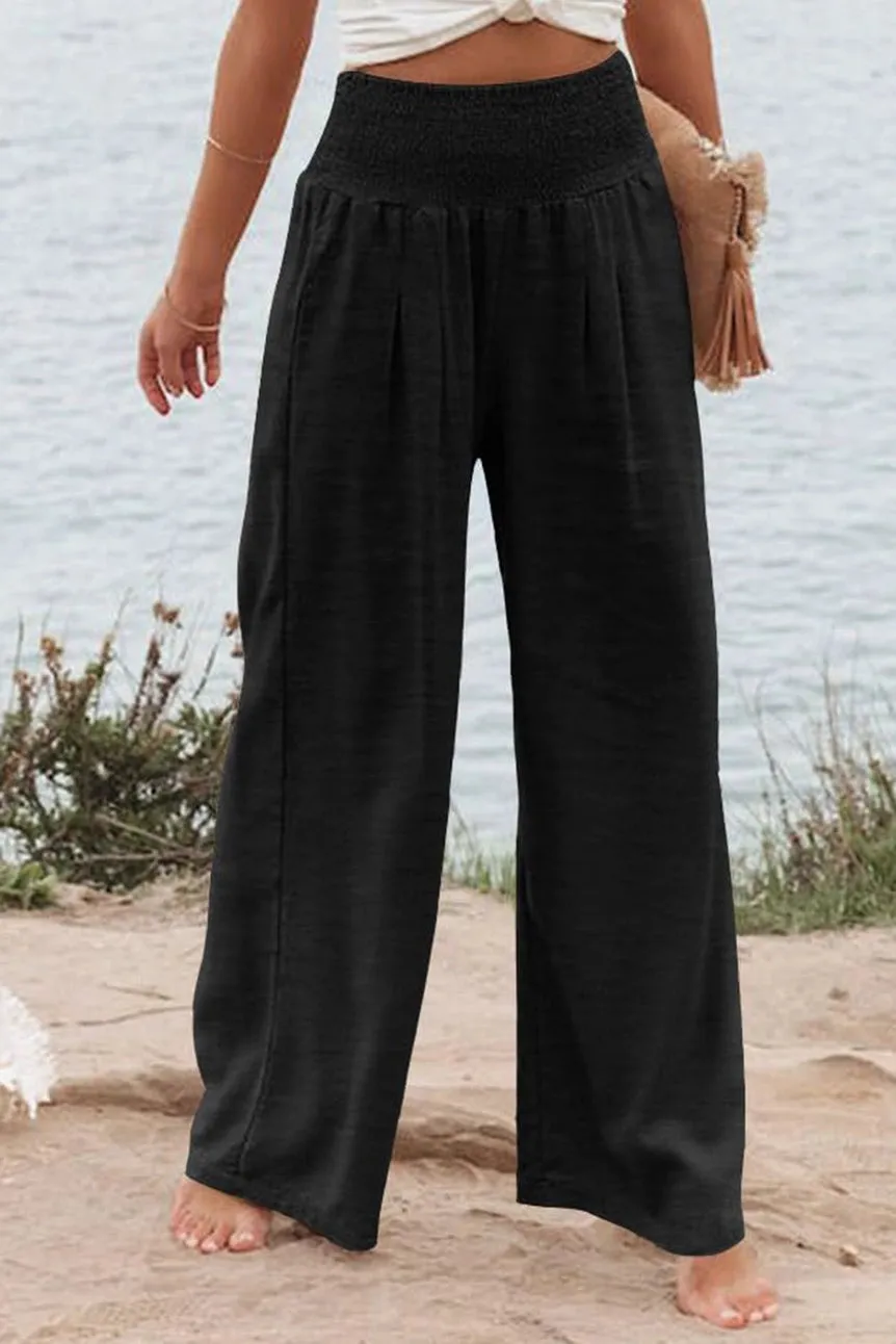 Black Shirred Wide Leg Smocked Waist Plus Size Pants w/Pockets