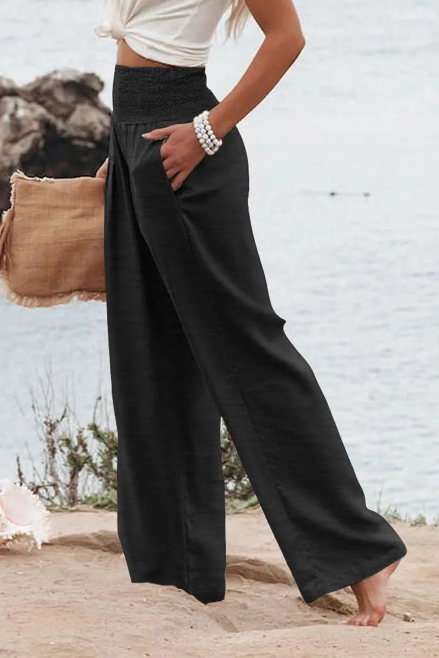 Black Shirred Wide Leg Smocked Waist Plus Size Pants w/Pockets