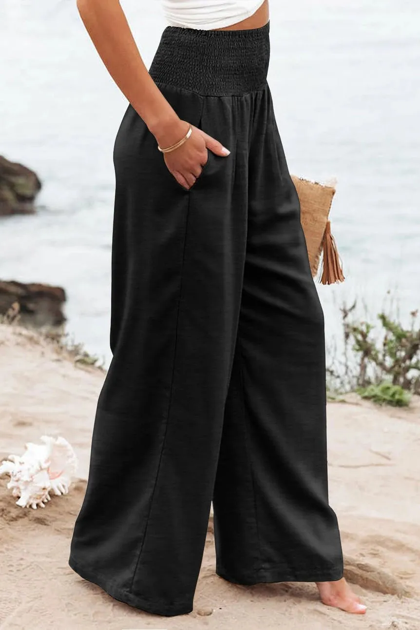 Black Shirred Wide Leg Smocked Waist Plus Size Pants w/Pockets