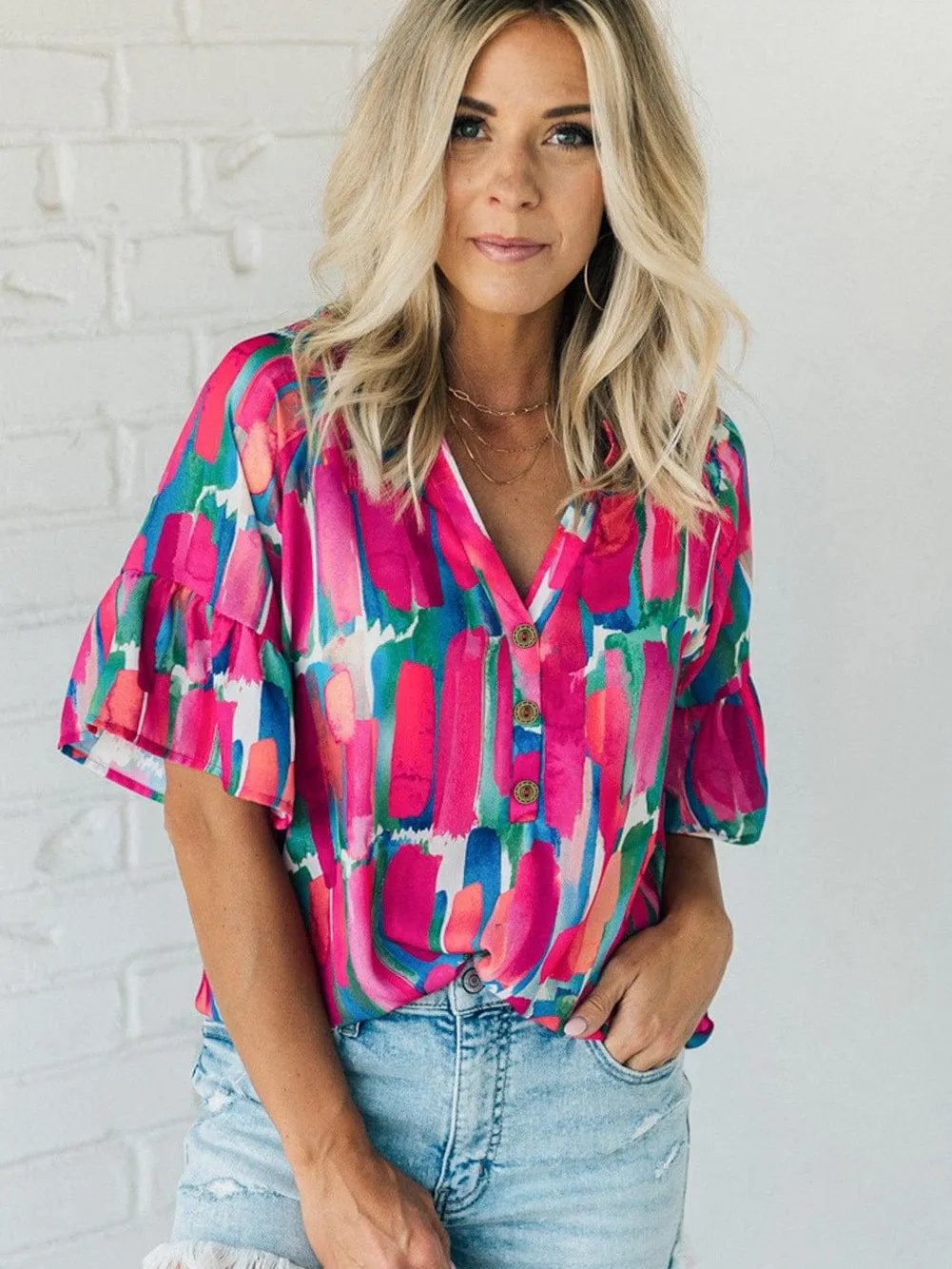 Brushed Rose V Neck Blouse with Abstract Print and Button Detail