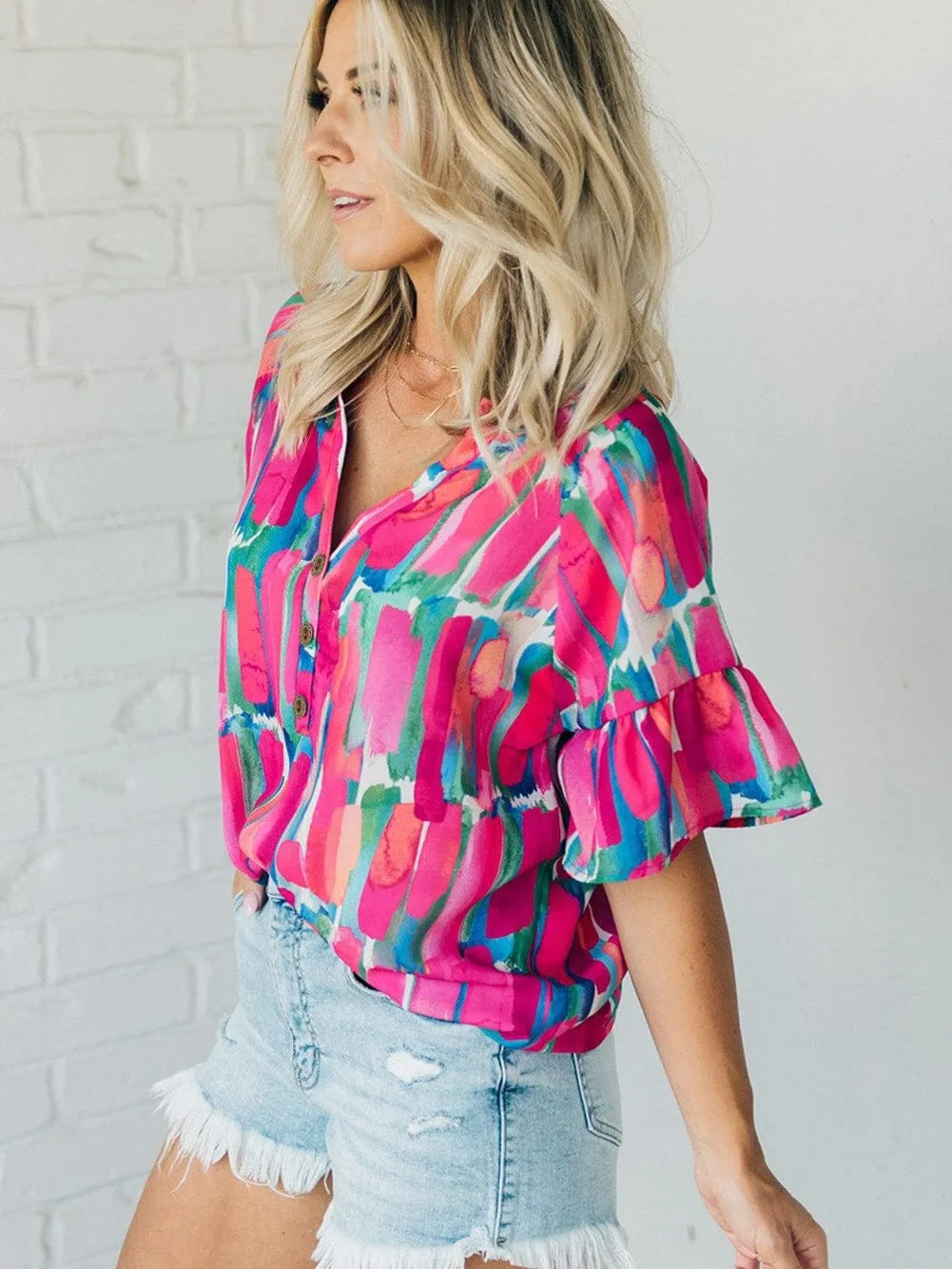 Brushed Rose V Neck Blouse with Abstract Print and Button Detail