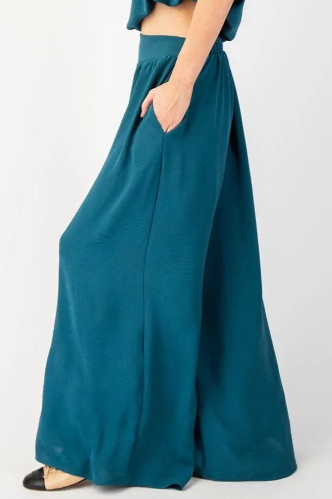 •CRINKLE WOVEN WIDE LEG PANTS - TEAL•