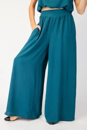 •CRINKLE WOVEN WIDE LEG PANTS - TEAL•