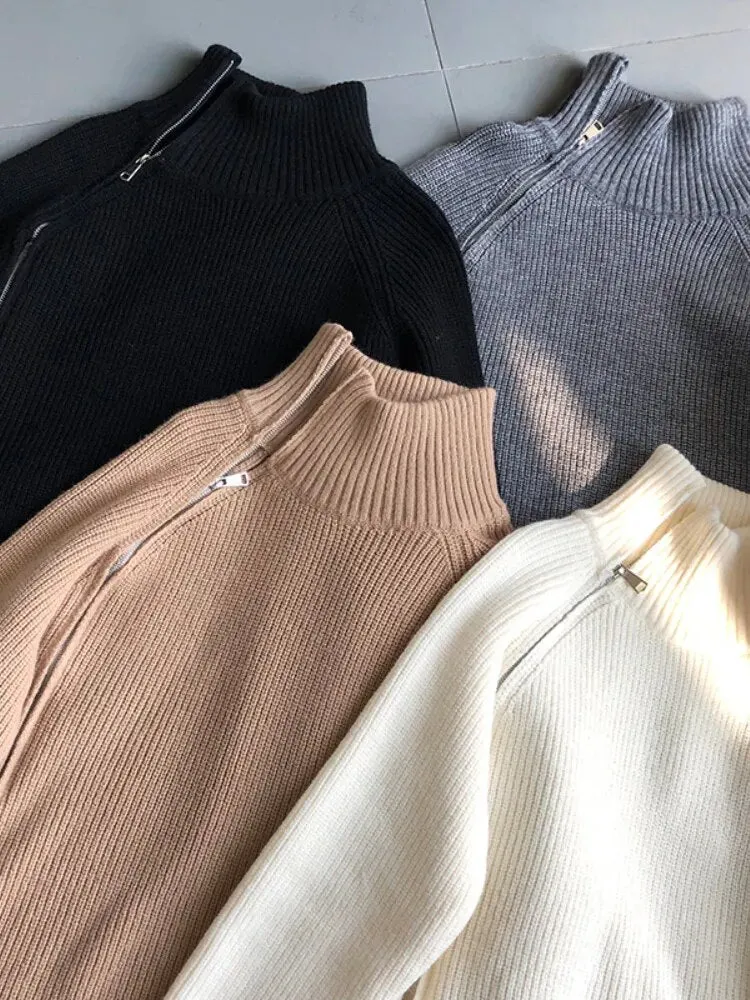 Double Zipper Turtleneck Long Oversize Pullover