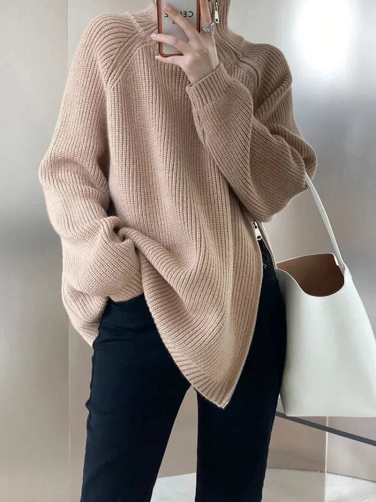 Double Zipper Turtleneck Long Oversize Pullover