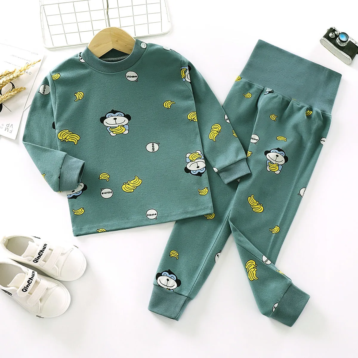 Fancydresswale Toddler Monkey and Banana Printed Baby Boys Clothing Set Long Sleeve Tops Pants Little Kids All season Outfits, Green