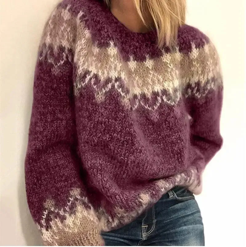Flytonn-Elegant Women Knitted Sweater Winter Vintage O-Neck Patchwork Long Sleeve Tops Jumpers Thick Loose Warm Pullover Sweaters Mujer