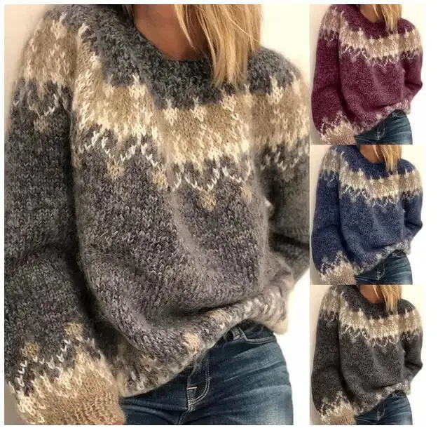 Flytonn-Elegant Women Knitted Sweater Winter Vintage O-Neck Patchwork Long Sleeve Tops Jumpers Thick Loose Warm Pullover Sweaters Mujer