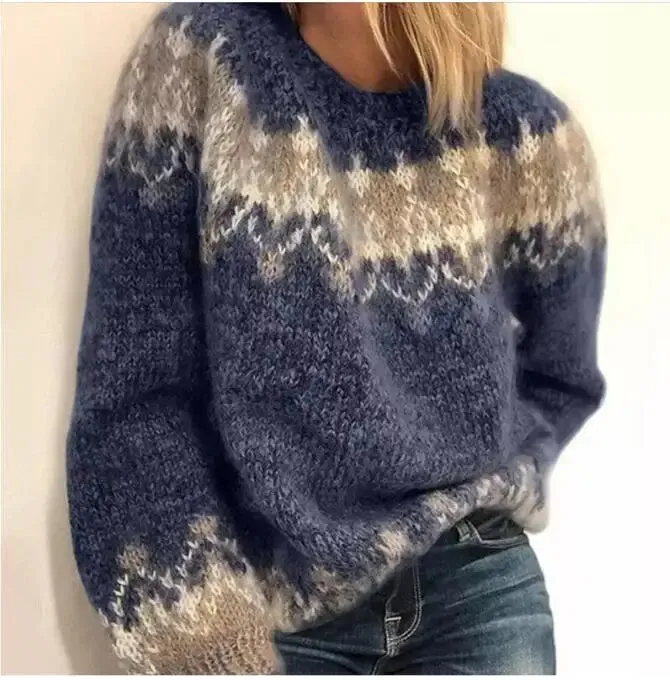 Flytonn-Elegant Women Knitted Sweater Winter Vintage O-Neck Patchwork Long Sleeve Tops Jumpers Thick Loose Warm Pullover Sweaters Mujer