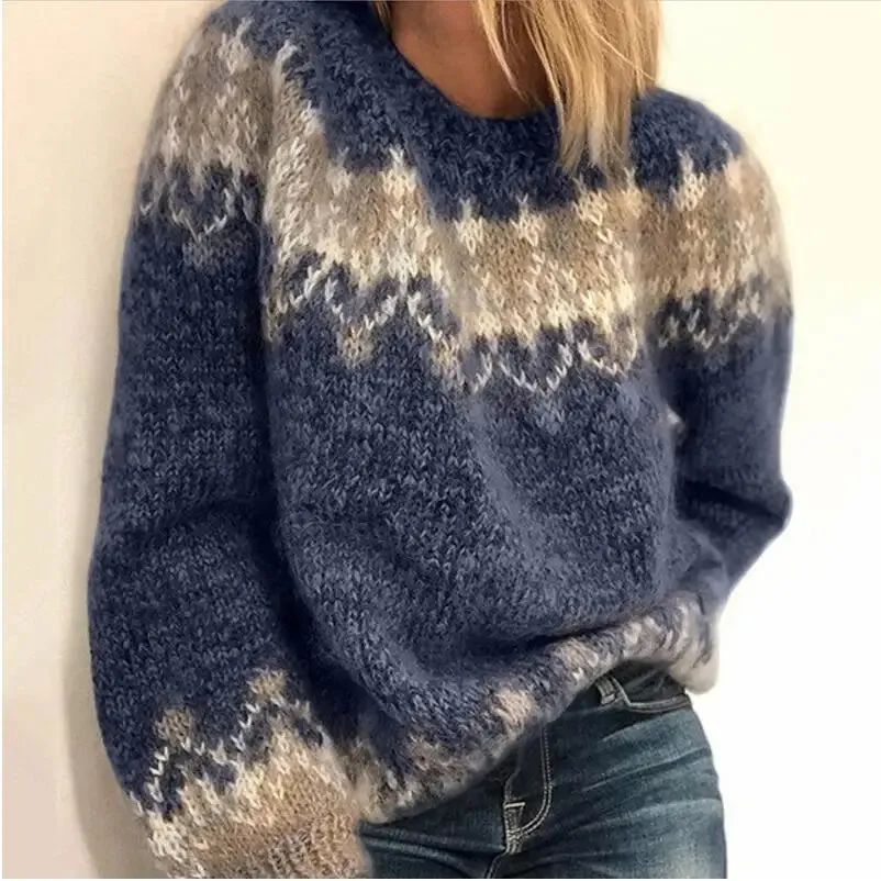 Flytonn-Elegant Women Knitted Sweater Winter Vintage O-Neck Patchwork Long Sleeve Tops Jumpers Thick Loose Warm Pullover Sweaters Mujer