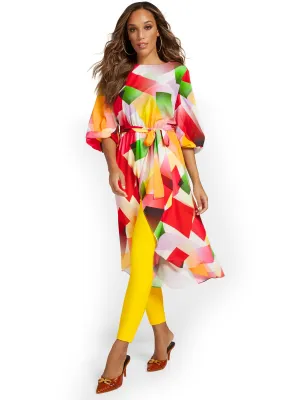 Geometric-Print Tie-Waist Maxi Blouse