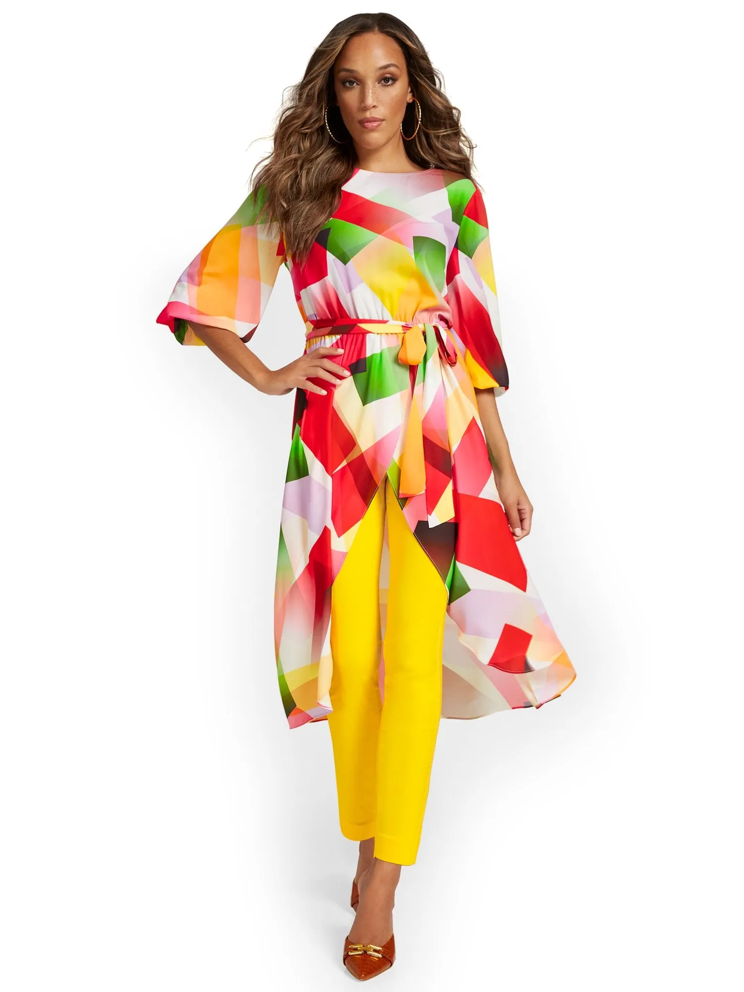Geometric-Print Tie-Waist Maxi Blouse