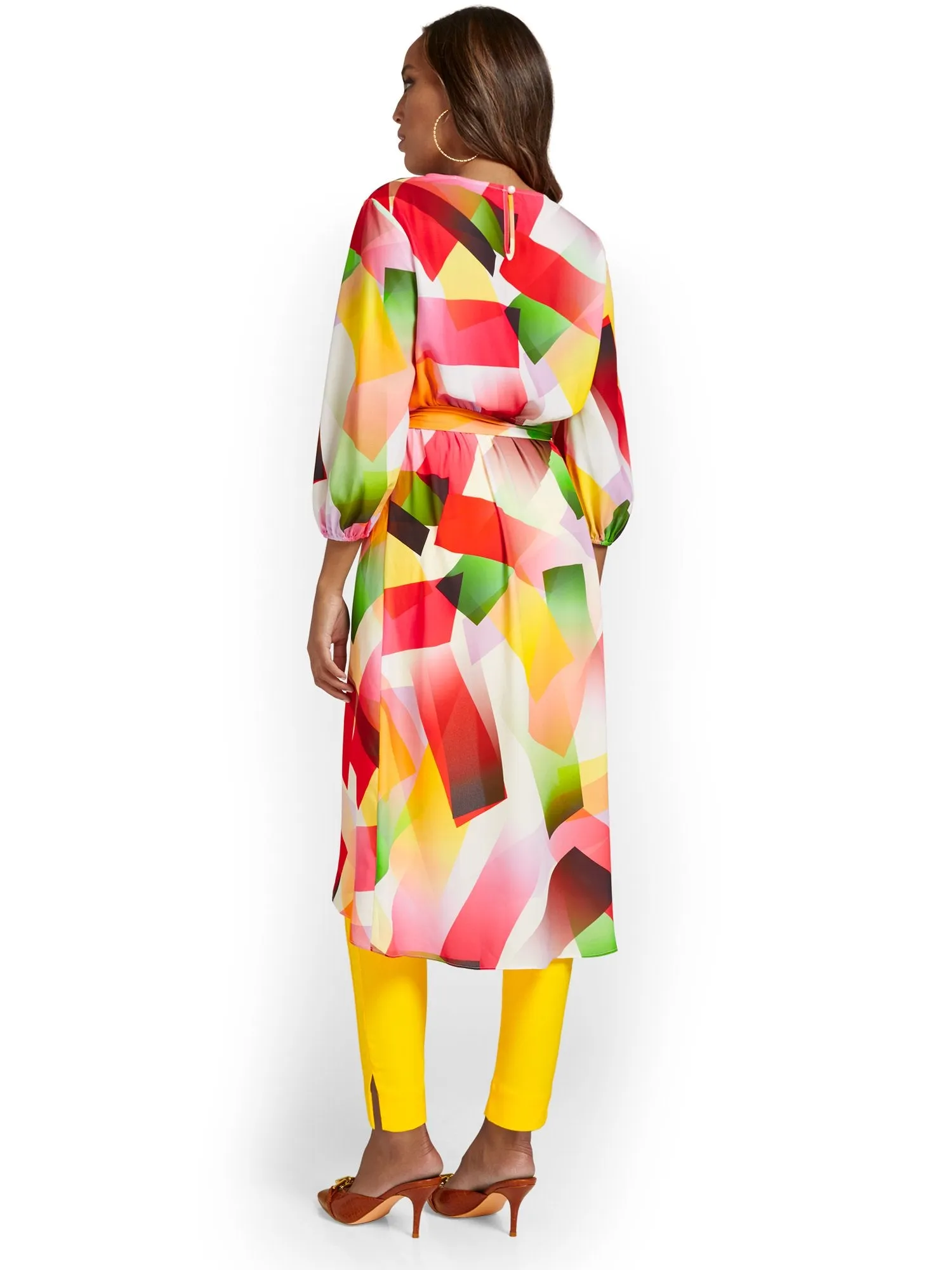 Geometric-Print Tie-Waist Maxi Blouse
