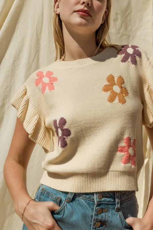 Gilli Ruffle Sleeve Floral Graphic Knit Top