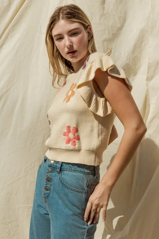 Gilli Ruffle Sleeve Floral Graphic Knit Top