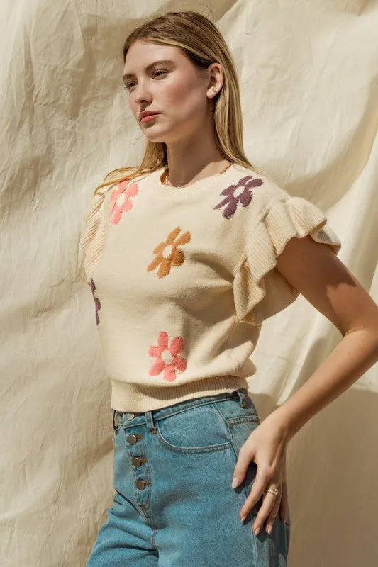 Gilli Ruffle Sleeve Floral Graphic Knit Top