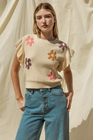 Gilli Ruffle Sleeve Floral Graphic Knit Top