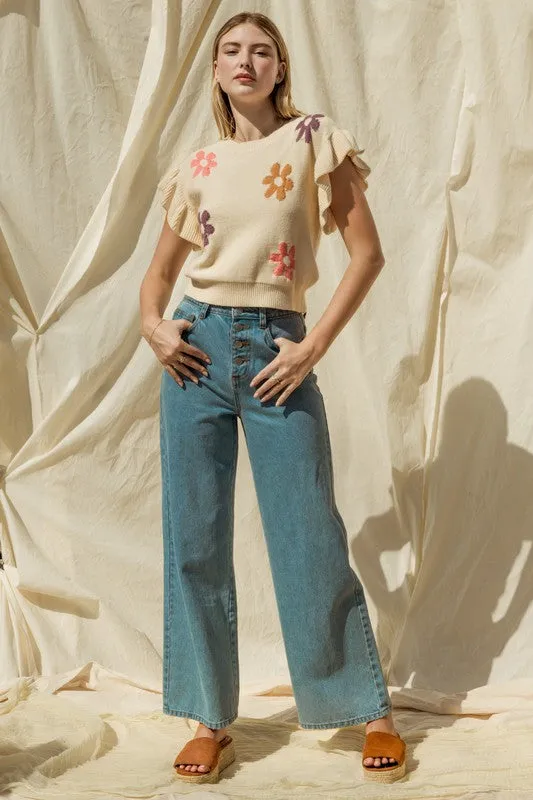 Gilli Ruffle Sleeve Floral Graphic Knit Top