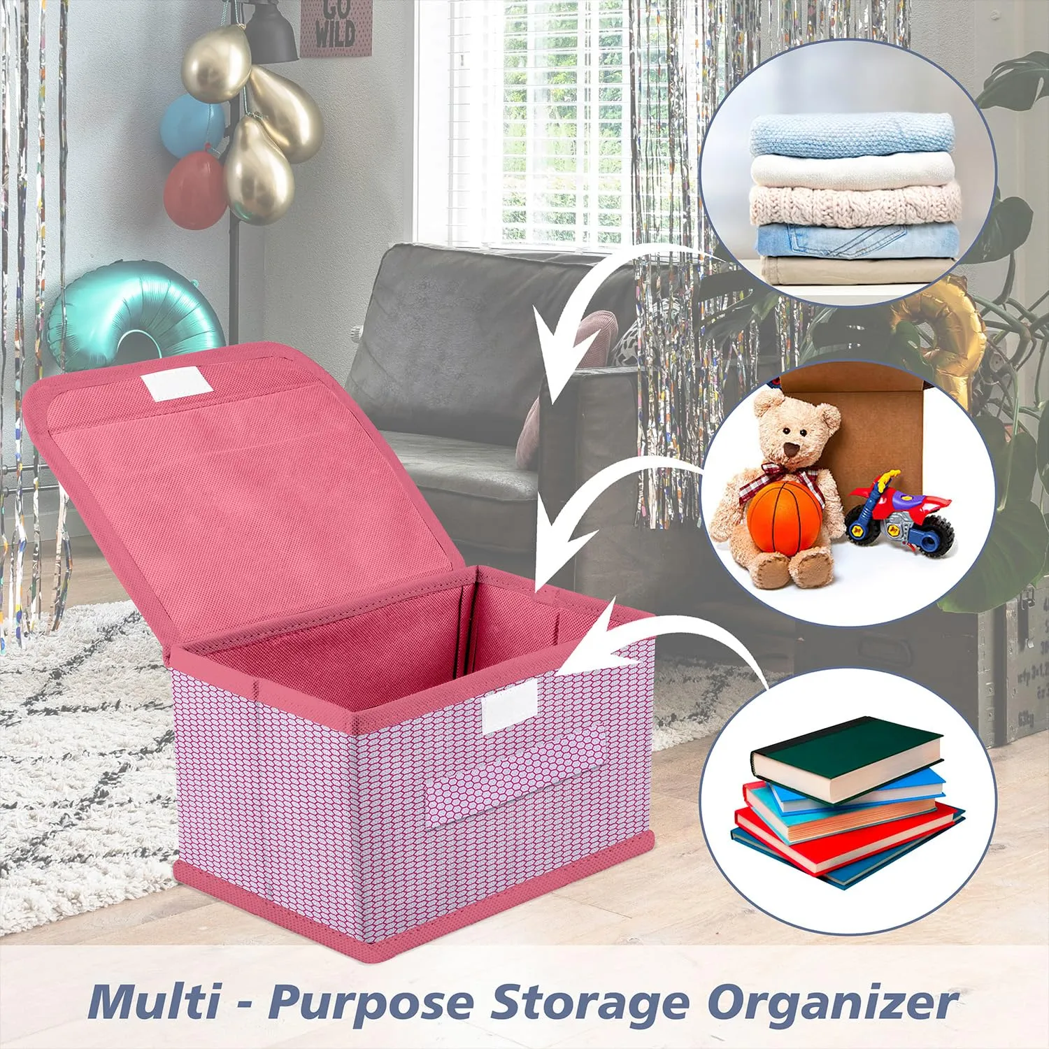 Kuber Industries Drawer Storage Box | Foldable Dhakkan Storage Box | Non-Woven Clothes Organizer For Toys | Storage Box with Handle | Large | Pack of 2 | Pink & Gray