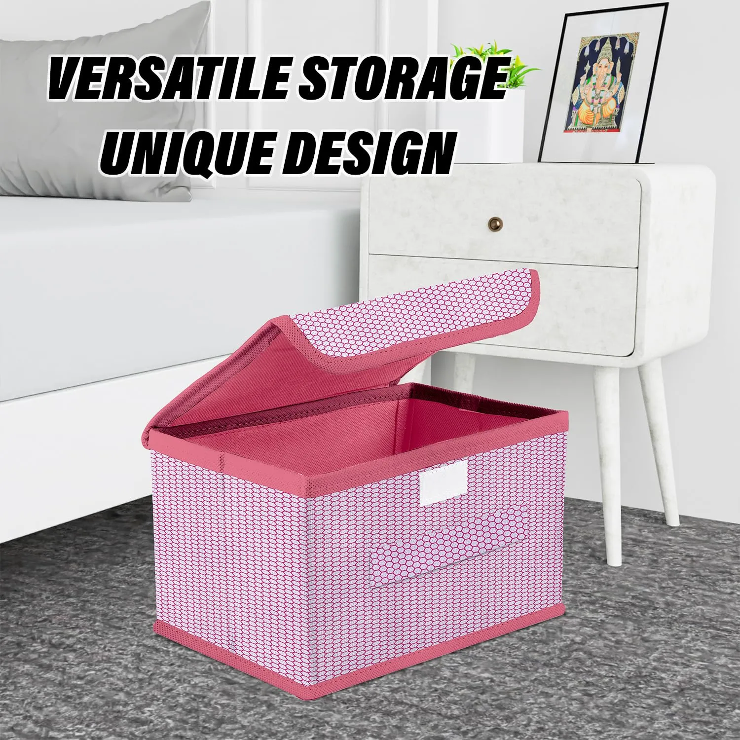 Kuber Industries Drawer Storage Box | Foldable Dhakkan Storage Box | Non-Woven Clothes Organizer For Toys | Storage Box with Handle | Large | Pack of 3 | Pink & Gray