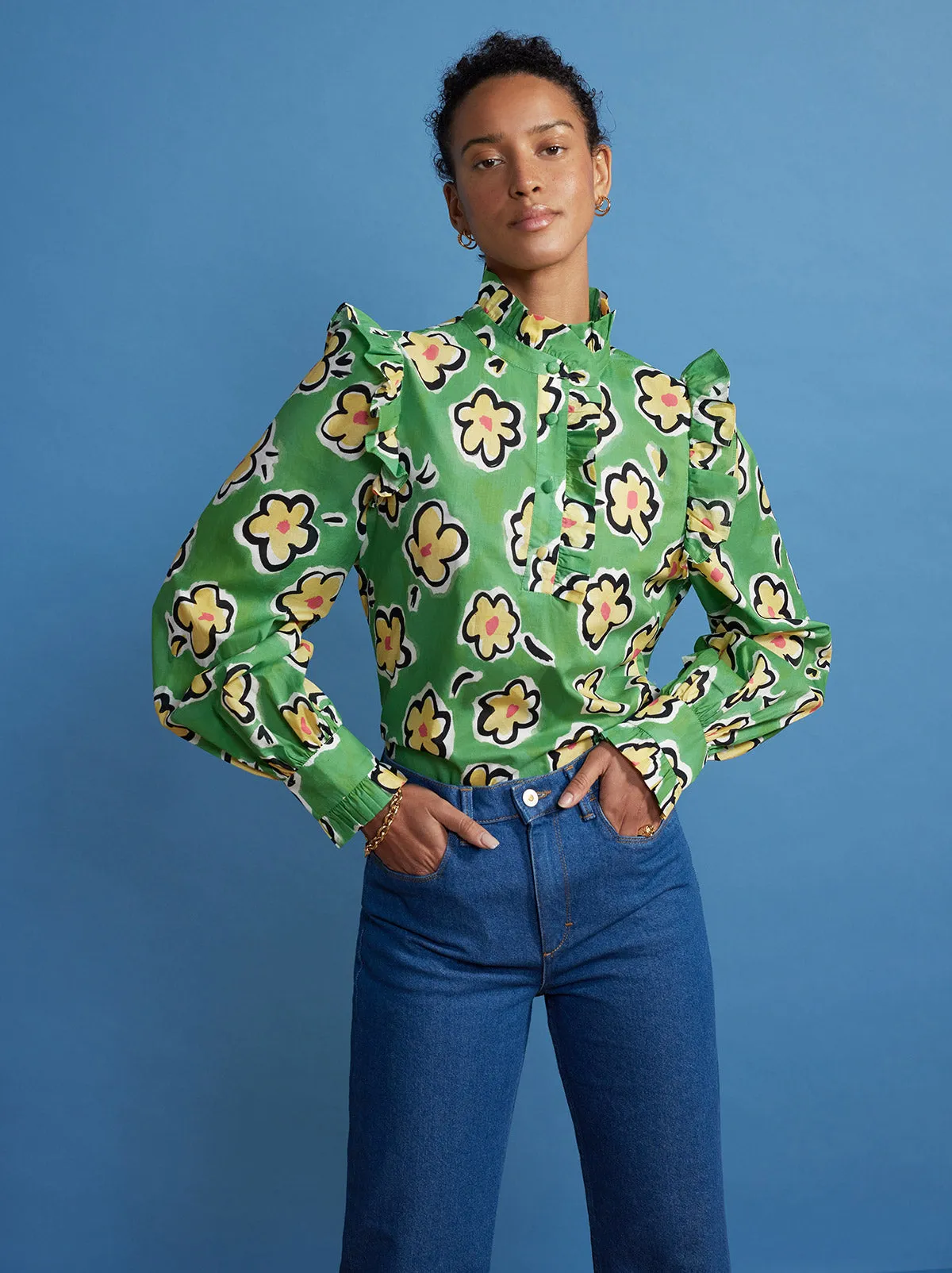 Kyra Green Painted Floral Frilled Cotton Voile Top