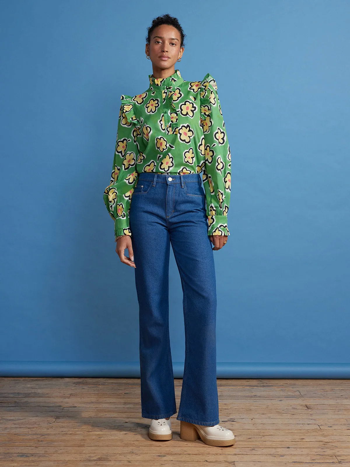 Kyra Green Painted Floral Frilled Cotton Voile Top