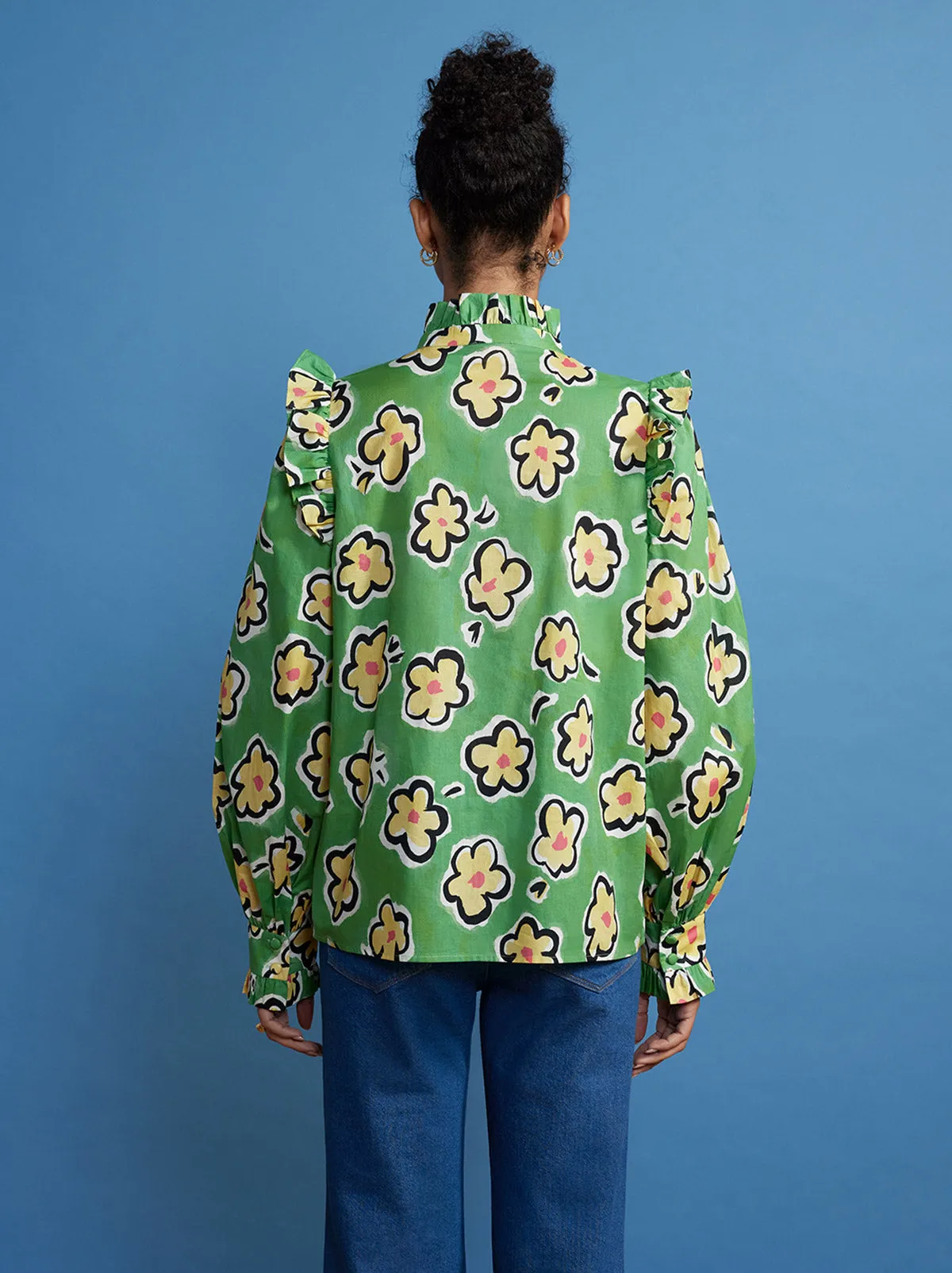 Kyra Green Painted Floral Frilled Cotton Voile Top