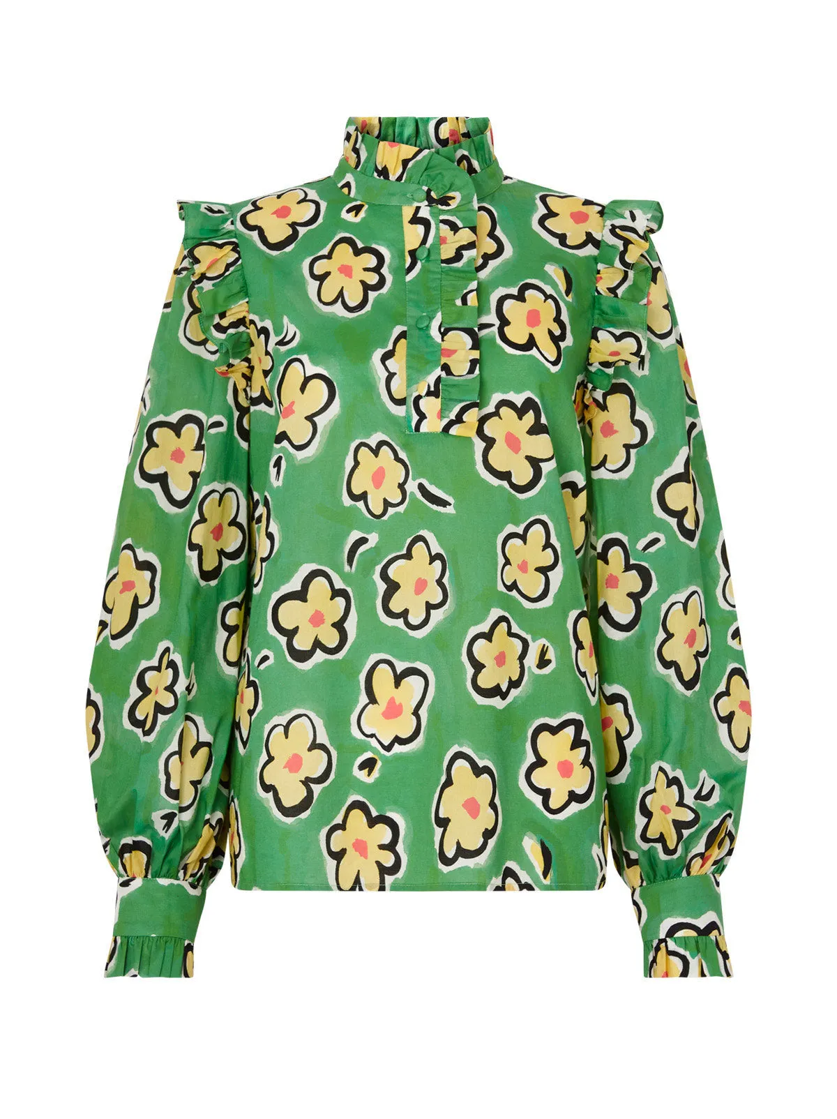 Kyra Green Painted Floral Frilled Cotton Voile Top