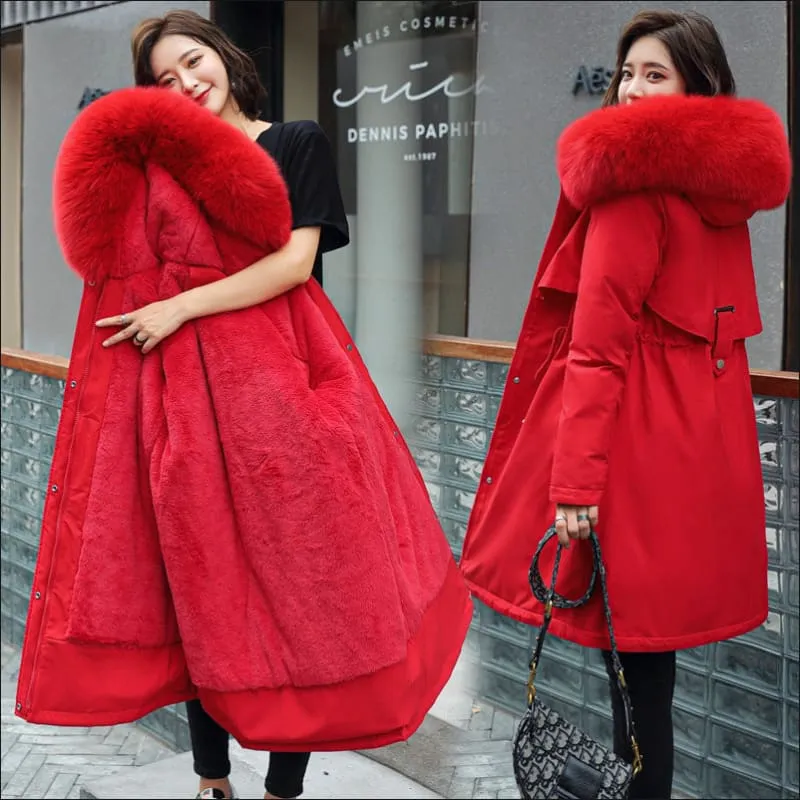 Ladies Long Length Fleece Lined Coat with Big Fur Collar