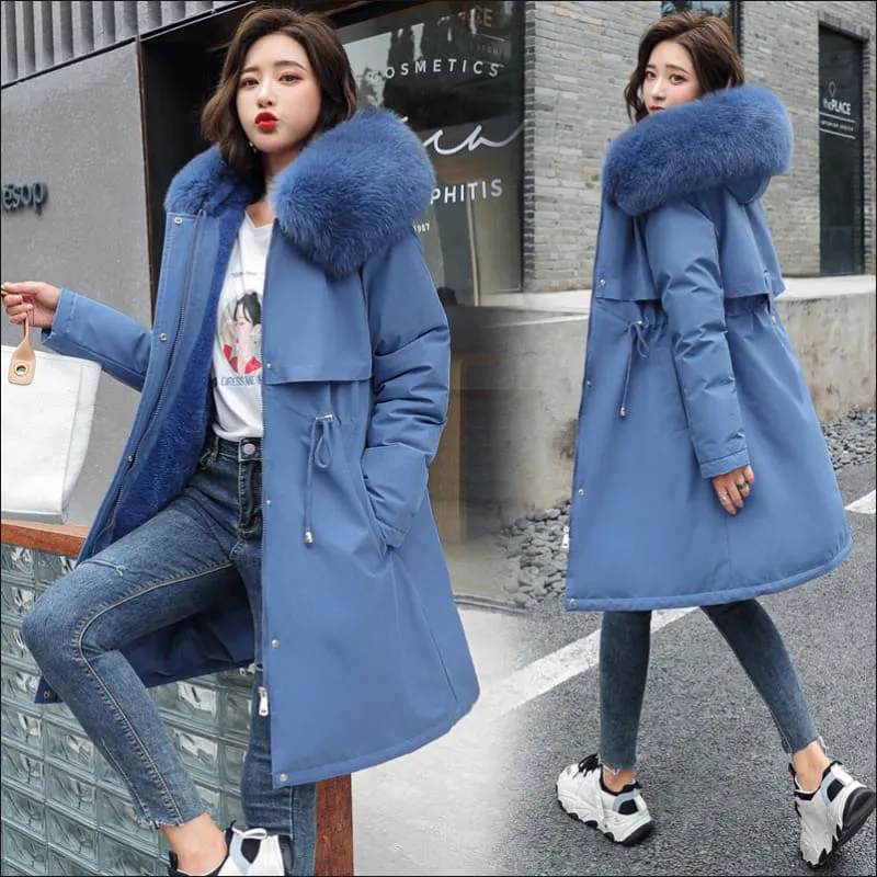 Ladies Long Length Fleece Lined Coat with Big Fur Collar