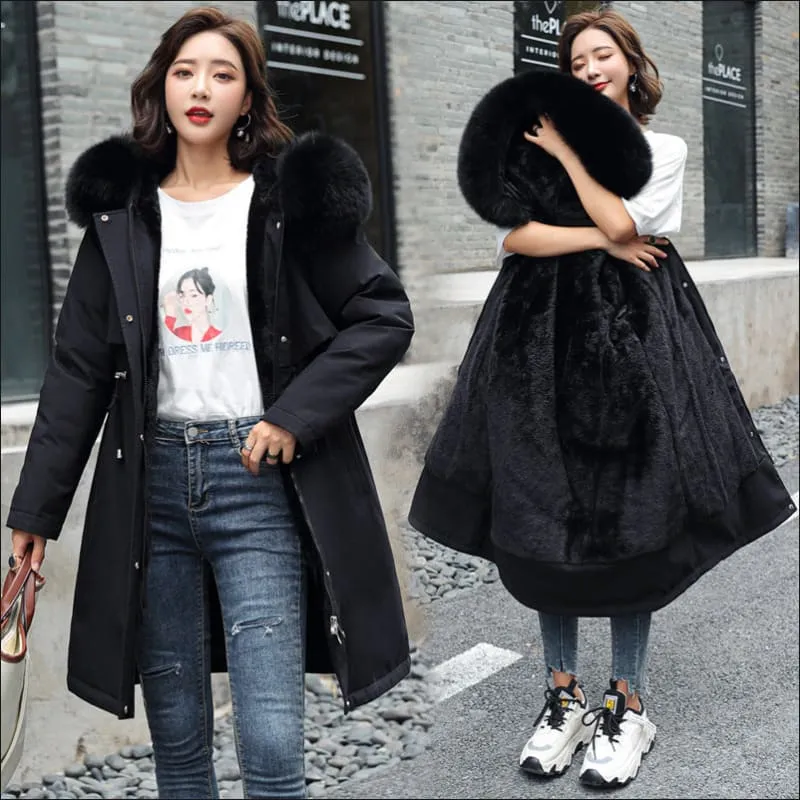Ladies Long Length Fleece Lined Coat with Big Fur Collar