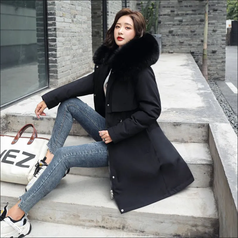 Ladies Long Length Fleece Lined Coat with Big Fur Collar