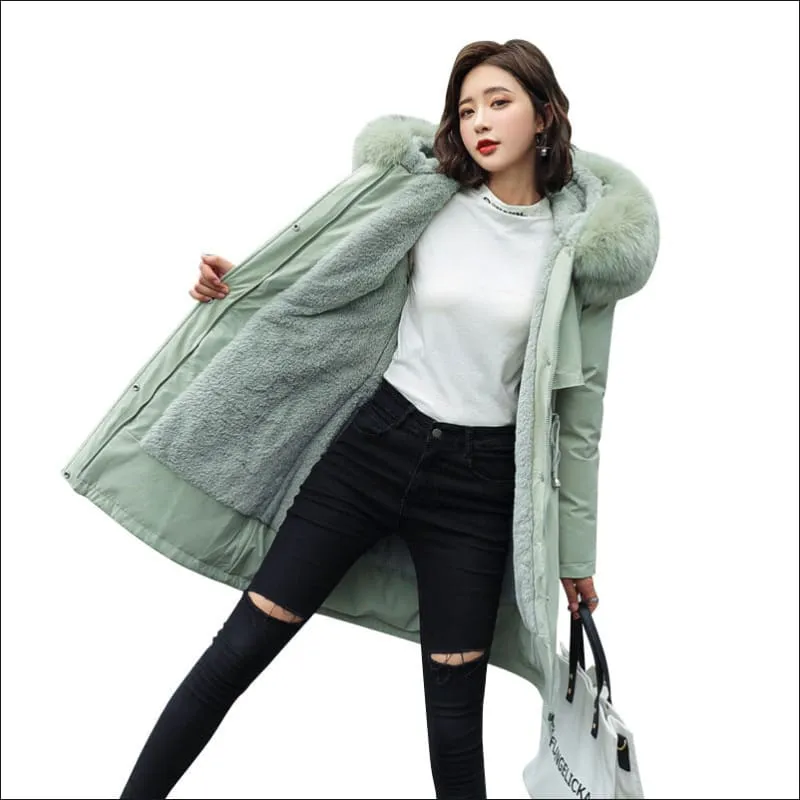 Ladies Long Length Fleece Lined Coat with Big Fur Collar