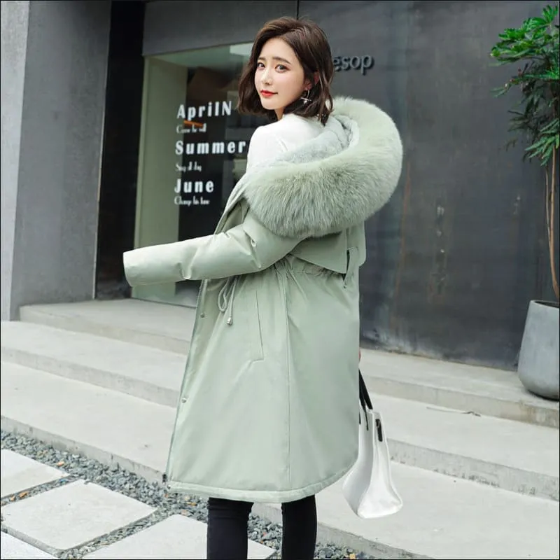 Ladies Long Length Fleece Lined Coat with Big Fur Collar