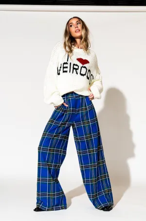 Lovers Lane Plaid Wide Leg Trousers in Cobalt Blue