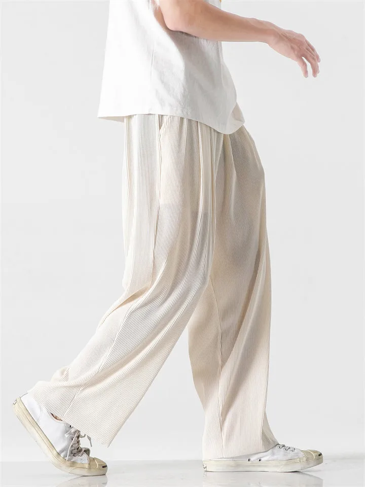 Male Flowy Pleated Solid Elasticated Waist Loose Pants
