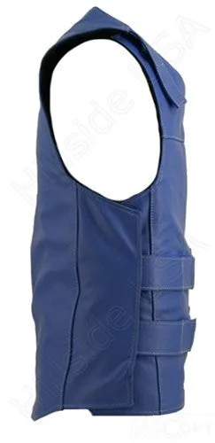 Mens Made in USA Royal Blue Leather Bullet Proof Style Motorcycle Vest