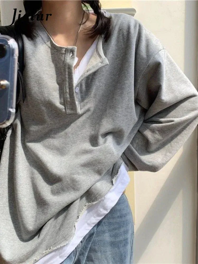 Metaversmall Women Fake 2 Pieces Gray Hoodies Spring Autumn Loose Chic Button Japanese Style Trendy Top Cozy Harajuku Sweatshirt